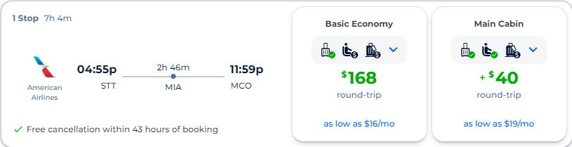 Cheap flights from the US Virgin Islands to Orlando, Florida for only $168 USD roundtrip with American Airlines. Flight deal ticket image.