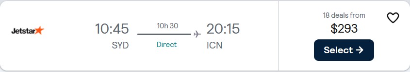 Non-stop, last minute flights from Sydney, Australia to Seoul, South Korea for only $293 AUD one-way with Jetstar. Flight deal ticket image.