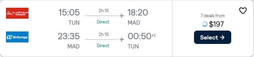 Non-stop, summer flights from Tunis, Tunisia to Madrid, Spain for only $197 USD roundtrip with Air Europa. Flight deal ticket image.