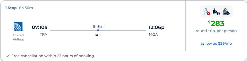 Non-stop flights from Tampa, Florida to Managua, Nicaragua for only $283 roundtrip with United Airlines. Flight deal ticket image.