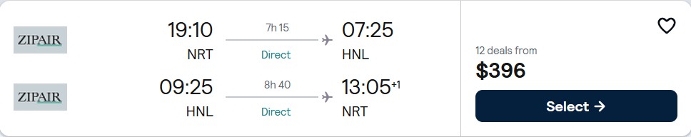Non-stop flights from Tokyo, Japan to Honolulu, Hawaii for only $396 USD roundtrip. Flight deal ticket image.