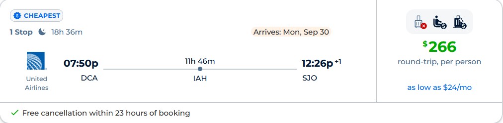 Non-stop flights from Washington DC to San Jose, Costa Rica for only $266 roundtrip with United Airlines. Flight deal ticket image.