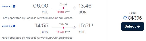 Last minute flights from Montreal, Canada to Bonaire for only $396 CAD roundtrip with United Airlines. Flight deal ticket image.