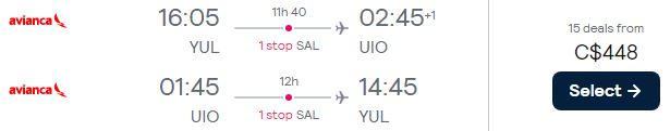 Cheap flights from Montreal, Canada to Quito, Ecuador for only $446 CAD roundtrip with Avianca. Flight deal ticket image.