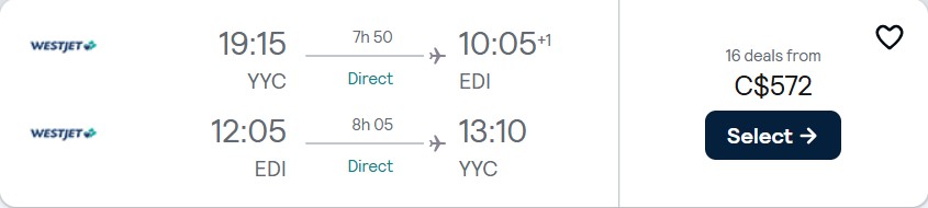 Non-stop flights from Calgary, Canada to Edinburgh, Scotland for only $572 CAD roundtrip. Flight deal ticket image.