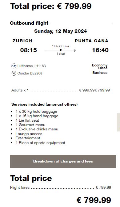 Business Class flights from European cities to the Dominican Republic from only €799 one-way. Flight deal ticket image.