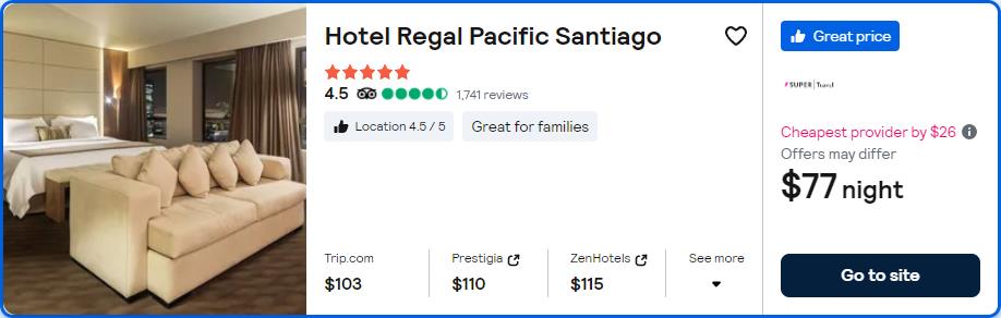 Stay at the 5* Hotel Regal Pacific Santiago in Santiago, Chile for only $77 USD per night. Flight deal ticket image.