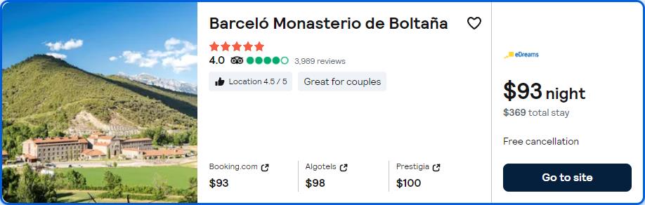 Stay at the 5* Barceló Monasterio de Boltaña in Boltana, Spain for only $93 USD per night. Flight deal ticket image.