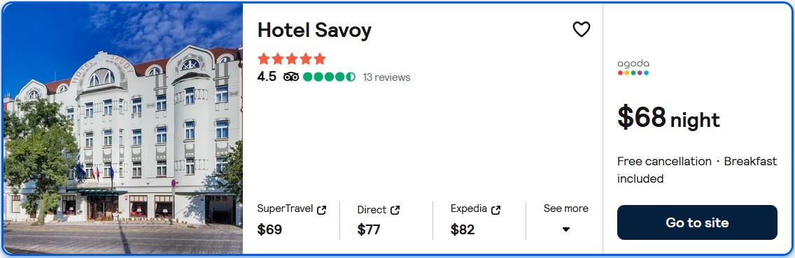 Click here to book this cheap flight deal. Stay at the 5* Hotel Savoy in Prague, Czechia for only $68 USD per night. Flight deal ticket image.