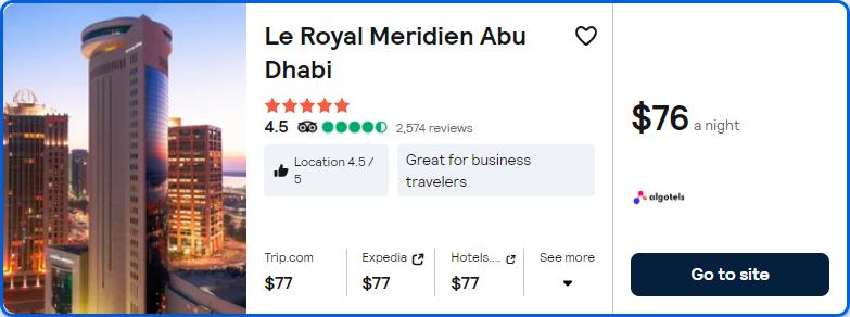 Click here to book this cheap flight deal. Stay at the 5* Le Royal Meridien Abu Dhabi in Abu Dhabi, UAE for only $76 USD per night. Flight deal ticket image.