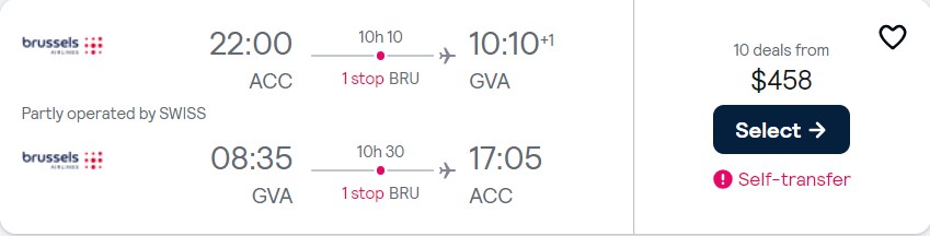 Christmas and New Year flights from Accra, Ghana to Geneva, Switzerland for only $458 USD roundtrip with Brussels Airlines and Swiss International Air Lines. Flight deal ticket image.