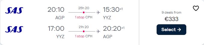 Cheap flights from Malaga, Spain to Toronto, Canada for only €333 roundtrip with Scandinavian Airlines. Flight deal ticket image.