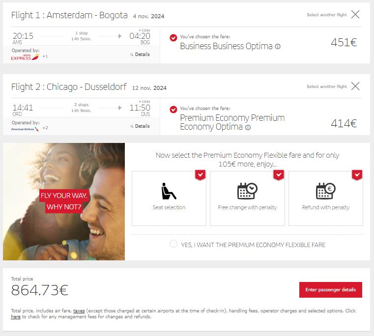 Click here to book this cheap flight deal. Error Fare Business Class/Premium Economy double open-jaw flights from Europe to South America, returning from the US from only €864 with Iberia, BA and American Airlines. Flight deal ticket image.