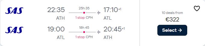 Cheap flights from Athens, Greece to Atlanta, USA for only €322 roundtrip with Scandinavian Airlines. Flight deal ticket image.