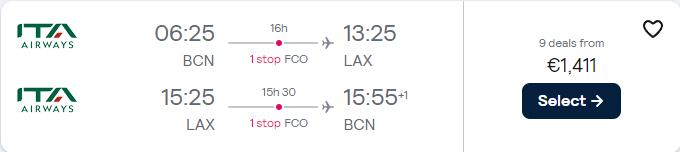 Business Class flights from Barcelona, Spain to Los Angeles, USA for only €1411 roundtrip. Flight deal ticket image.
