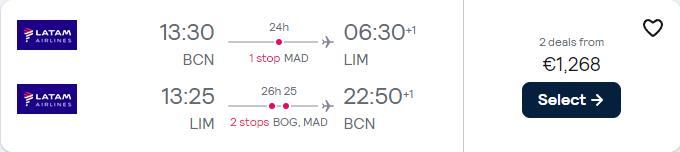 Business Class flights from Barcelona, Spain to Lima, Peru for only €1268 roundtrip with Iberia and LATAM Airlines. Flight deal ticket image.