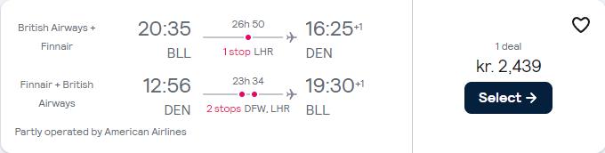 Cheap flights from Billund or Copenhagen, Denmark to Denver, Colorado from only €327 roundtrip with British Airways and American Airlines. Flight deal ticket image.