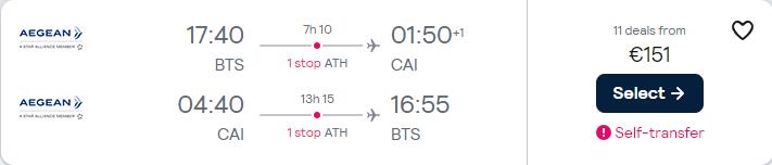 Cheap flights from Bratislava, Slovakia to Cairo, Egypt for only €151 roundtrip with Aegean Airlines. Flight deal ticket image.