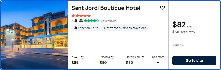 Click here to book this cheap flight deal. Stay at the 5* Sant Jordi Boutique Hotel in Calella, Spain for only $82 USD per night. Flight deal ticket image.