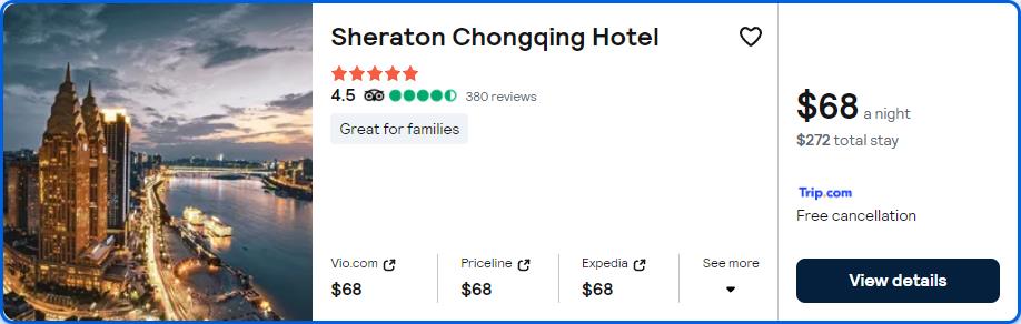 Click here to book this cheap flight deal. Stay at the 5* Sheraton Chongqing Hotel in Chongqing, China for only $68 USD per night. Flight deal ticket image.