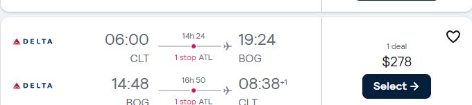 Cheap flights from Charlotte, North Carolina to Bogota, Colombia for only $278 roundtrip with Delta Air Lines. Flight deal ticket image.