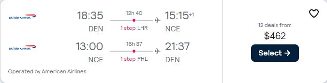 Cheap flights from US cities to Nice, France from only $462 roundtrip with British Airways and American Airlines. Flight deal ticket image.