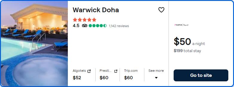 Click here to book this cheap flight deal. Stay at the 5* Warwick Doha in Doha, Qatar for only $50 USD per night. Flight deal ticket image.
