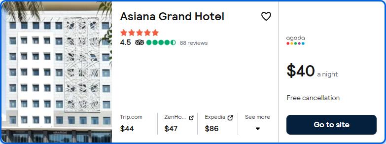 Click here to book this cheap flight deal. Stay at the 5* Asiana Grand Hotel in Dubai, UAE for only $40 USD per night. Flight deal ticket image.