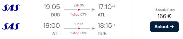 Crazy cheap flights from Dublin, Ireland to Atlanta, USA for only €166 roundtrip with Scandinavian Airlines. Flight deal ticket image.