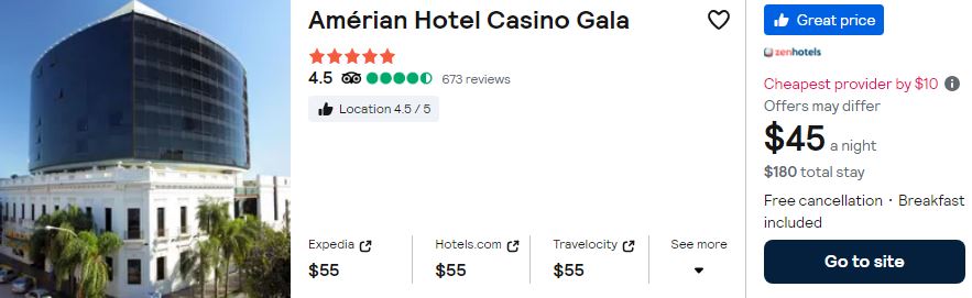 Click here to book this cheap flight deal. Stay at the 5* Amérian Hotel Casino Gala in Resistencia, Argentina for only $45 USD per night over Christmas. Flight deal ticket image.