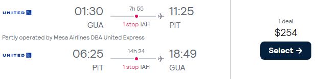 Cheap flights from Guatemala City, Guatemala to Pittsburgh, USA for only $254 USD roundtrip with United Airlines. Flight deal ticket image.