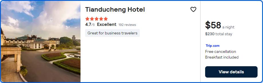 Click here to book this cheap flight deal. Stay at the 5* Tianducheng Hotel in Hangzhou, China for only $58 USD per night. Flight deal ticket image.