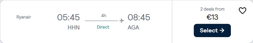 Non-stop flights from Frankfurt, Germany to Agadir, Morocco for only €13 one-way. Flight deal ticket image.