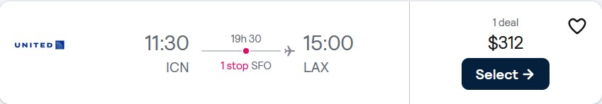 Last minute flights from Seoul, South Korea to US cities from only $312 USD one-way with United Airlines. Flight deal ticket image.