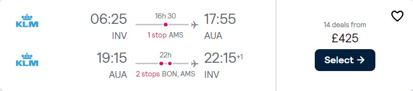 Cheap flights from UK cities to Aruba from only £425 roundtrip with KLM. Flight deal ticket image.
