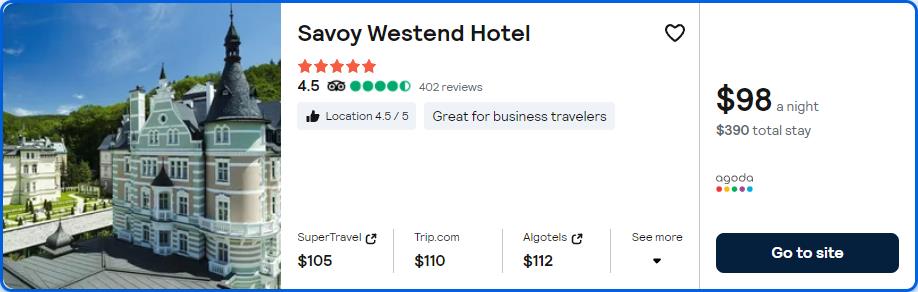 Click here to book this cheap flight deal. Stay at the 5* Savoy Westend Hotel in Karlovy Vary, Czech Republic for only $98 USD per night. Flight deal ticket image.