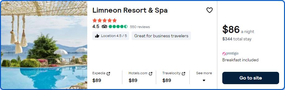 Click here to book this cheap flight deal. Stay at the 5* Limneon Resort & Spa in Kastoria, Greece for only $85 USD per night. Flight deal ticket image.