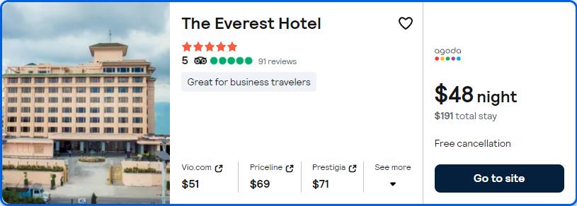 Click here to book this cheap flight deal. Stay at the 5* The Everest Hotel in Kathmandu, Nepal for only $48 USD per night. Flight deal ticket image.