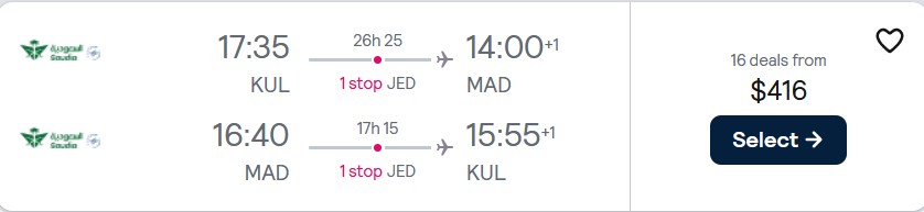 Cheap flights from Kuala Lumpur, Malaysia to Madrid, Spain for only $416 USD roundtrip. Flight deal ticket image.