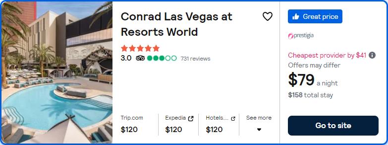 Click here to book this cheap flight deal. Stay at the 5* Conrad Las Vegas at Resorts World in Las Vegas, USA for only $79 USD per night. Flight deal ticket image.
