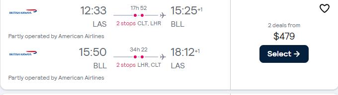 Cheap flights from Las Vegas to Billund, Denmark for only $479 roundtrip with American Airlines and British Airways. Flight deal ticket image.