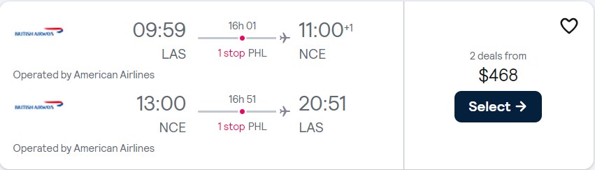 Cheap flights from Western USA to Nice, France from only $468 roundtrip with American Airlines. Flight deal ticket image.