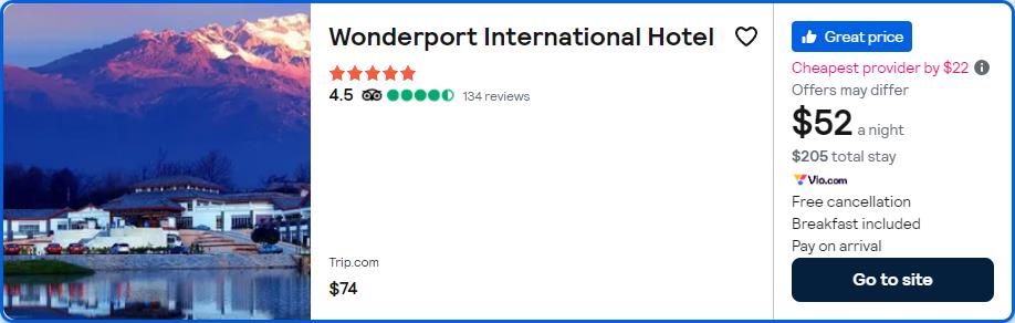 Stay at the 5* Wonderport International Hotel in Lijiang, China for only $52 USD per night. Flight deal ticket image.