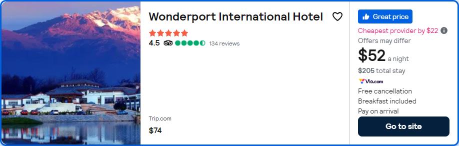 Click here to book this cheap flight deal. Stay at the 5* Wonderport International Hotel in Lijiang, China for only $52 USD per night. Flight deal ticket image.