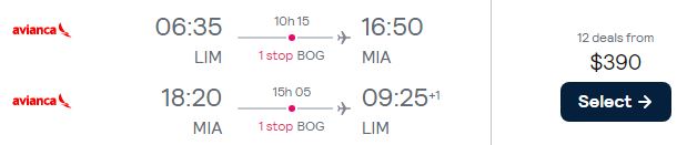 Click here to book this cheap flight deal. Cheap flights from Lima, Peru to Miami, USA for only $390 USD roundtrip with Avianca. Flight deal ticket image.