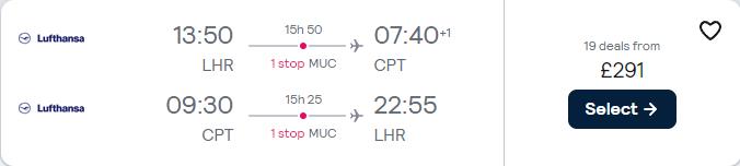 Cheap flights from London, UK to Cape Town, South Africa for only £291 roundtrip with Lufthansa. Flight deal ticket image.
