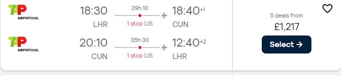 Business Class flights from London, UK to Cancun, Mexico for only £1217 roundtrip with TAP Air Portugal. Flight deal ticket image.