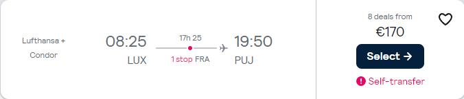 Last minute flights from Luxembourg to the Dominican Republic for only €170 one-way with Lufthansa. Flight deal ticket image.