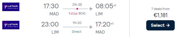 Click here to book this cheap flight deal. Business Class, summer flights from Madrid, Spain to South America from only €1181 roundtrip with LATAM Airlines. Flight deal ticket image.