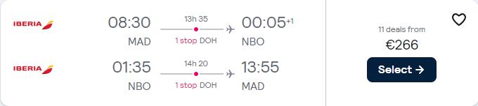 Cheap flights from Madrid, Spain to Nairobi, Kenya for only €266 roundtrip with Iberia and Qatar Airways. Flight deal ticket image.